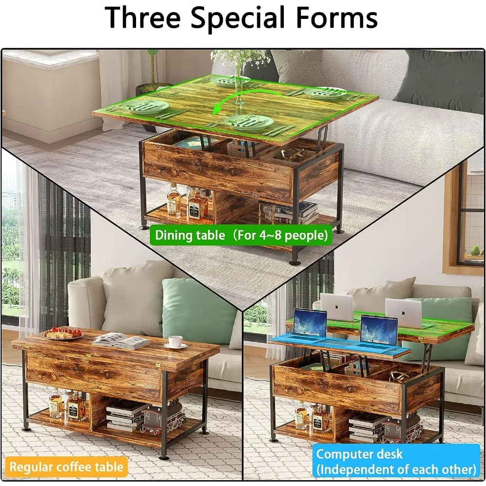 Mesa de centro elevable, mesa de centro multifunción 4 en 1 con compartimento oculto, mesa de comedor moderna con elevación