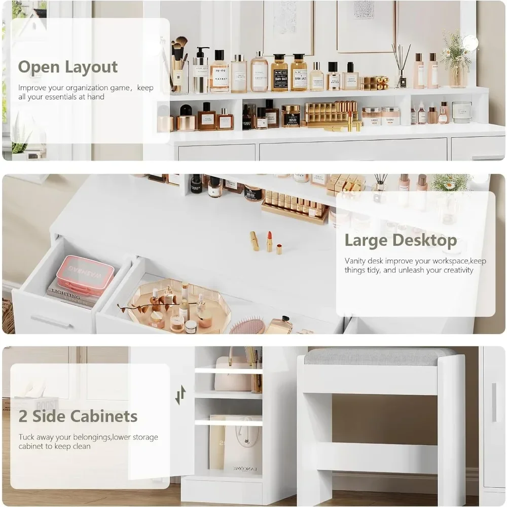 Makeup Vanity with Lights,with 3 Drawers,2 Cabinets & Long Storage Shelf,Dressing Vanity Table with Stool, Suitable for bedrooms