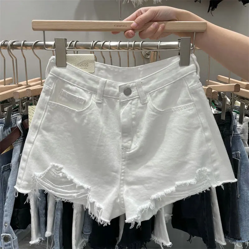 Shorts jeans Wurry para mulheres, vermelho online, nova versão coreana solta, linha A, calças quentes com buracos para o verão
