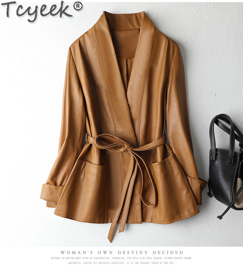 Tcyeek-女性用本革ジャケット,シープスキンジャケット,トップレイヤー,ミッドレングス,ショー,ウエスト,ベルト付き服,春と秋,2023