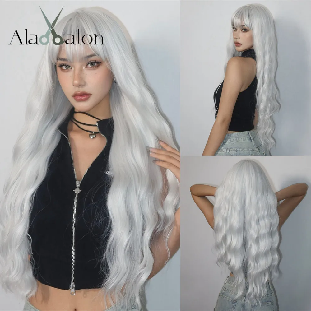ALAN EATON Long Wavy White Synthetic Wigs for Women Curly Wig with Bangs White Fake Hair for Party Cosplay Heat Resistant Fiber