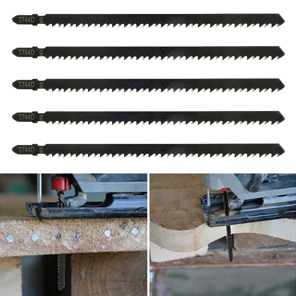 5Pcs 직소 블레이드 HCS T744D 빠른 절단을위한 지그 톱 블레이드 목재 플라스틱 빠른 절단을위한 직선 절단 T-생크 직소 블레이드