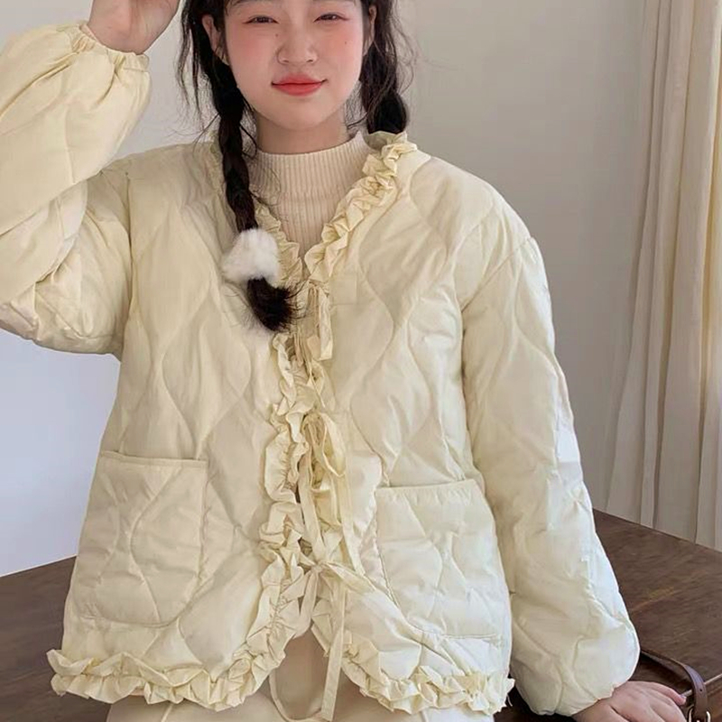 Casaco rosa plissado com borda em v para meninas, casaco acolchoado de algodão acolchoado, kawaii parkas japonês, harajuku para estudantes, inverno