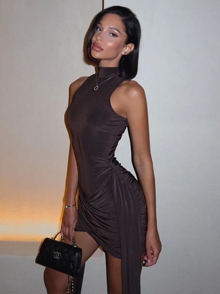 Rollkragen Ärmelloses Sexy Mini Kleid Für Frauen Mode Unregelmäßige Geraffte Tank Kleid Femme Elegante Club Party Kleid