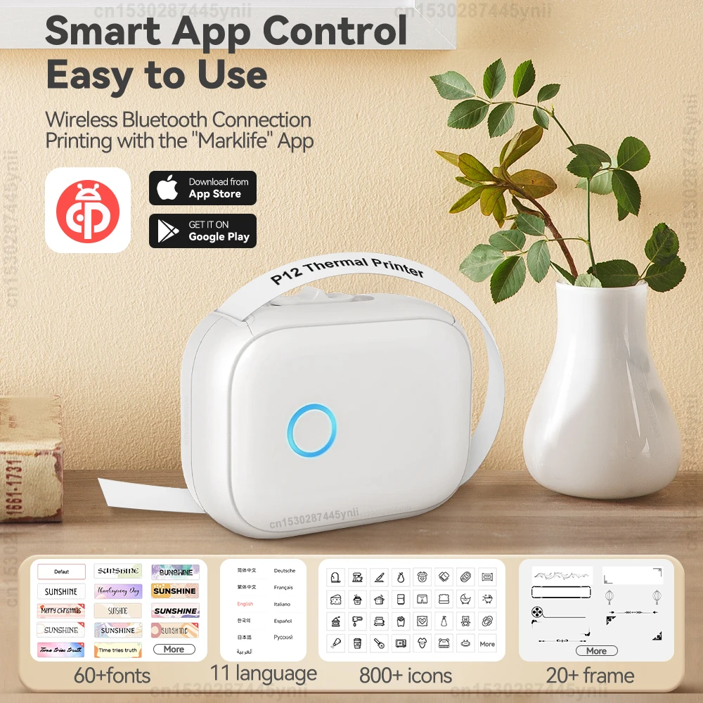 Portable Label Maker P12 Wireless Bluetooth Continuous Label Printer Handheld Machine DIY Self adhesive Continuous Label Tape