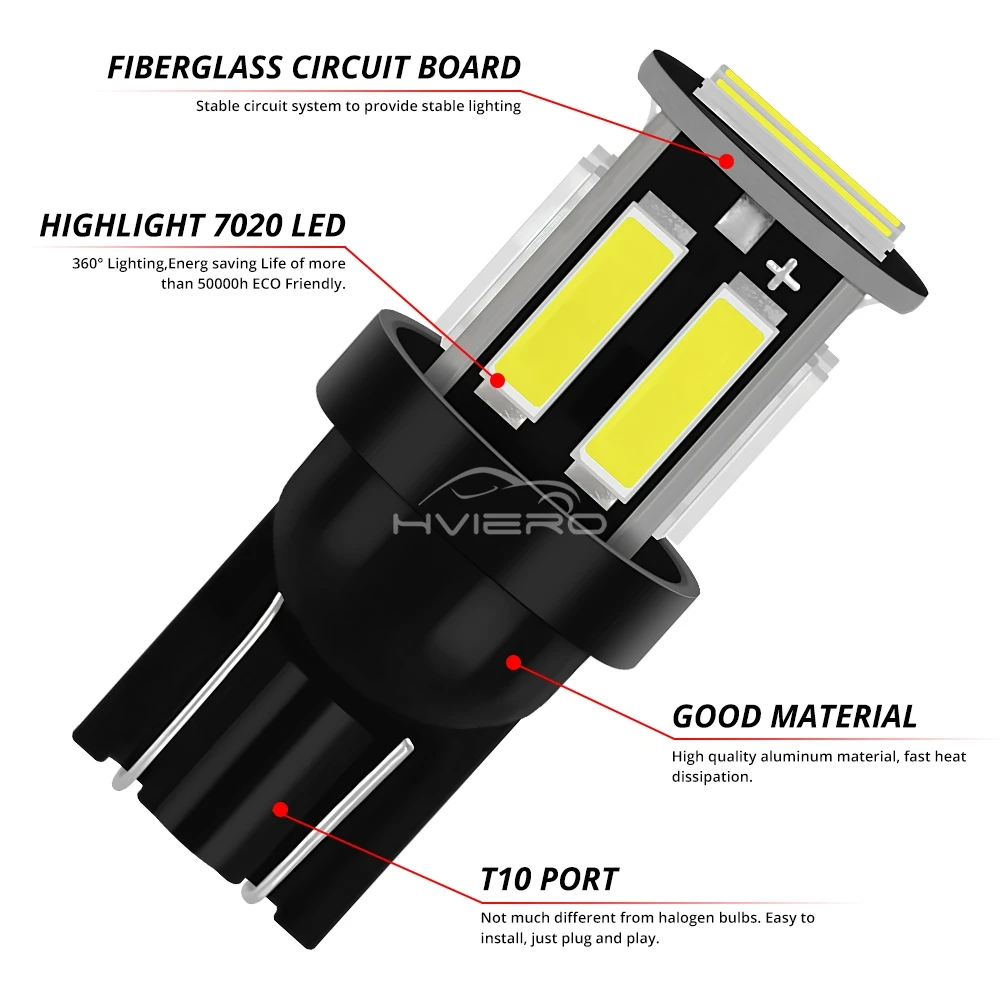 2/4/10X T10 W5W 10Led 7020 Car LED 194 168 Wedge Turn Signal Reverse Dome License Plate Trunk Reading Bulb White Clearance Light