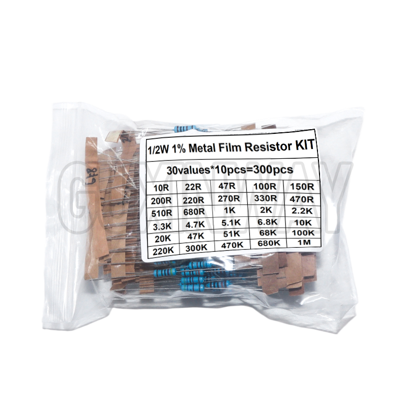 300 Uds 10R-1M Ohm 1/4W 1/2W 1W juego de resistencias 1% Kit surtido de resistencias de película metálica 30 tipos * 10 Uds = 300 Uds
