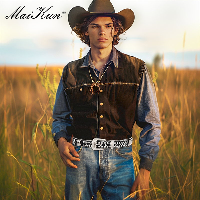 Maikun Bb cinturón ostentoso de diamantes de imitación negros cinturón de vaquera y vaquero con cinturón de diamante Simon brillante para hombres hebilla de calavera de cabeza occidental