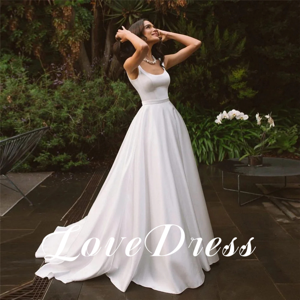Maßgeschneiderte elegante pastorale A-Linie Spaghetti Fleck quadratischen Kragen Brautkleider ärmellose bodenlange Brautkleider Vestido