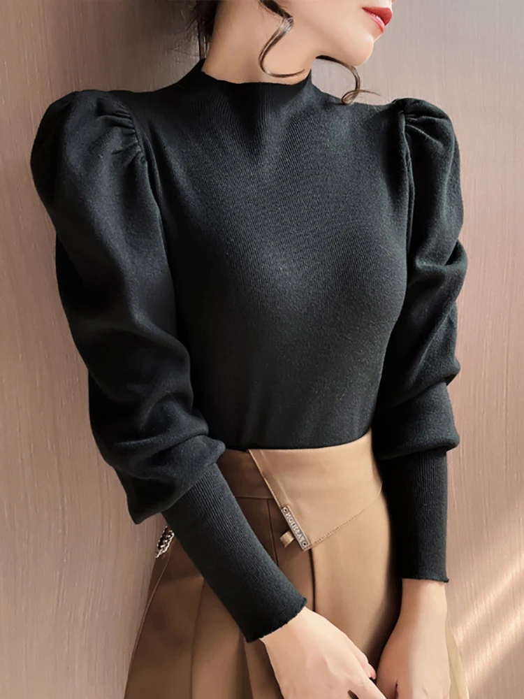 Otoño Invierno suéter de cuello alto ajustado jerseys básicos moda coreana Tops de punto manga abombada suéter para mujer jerséis elásticos