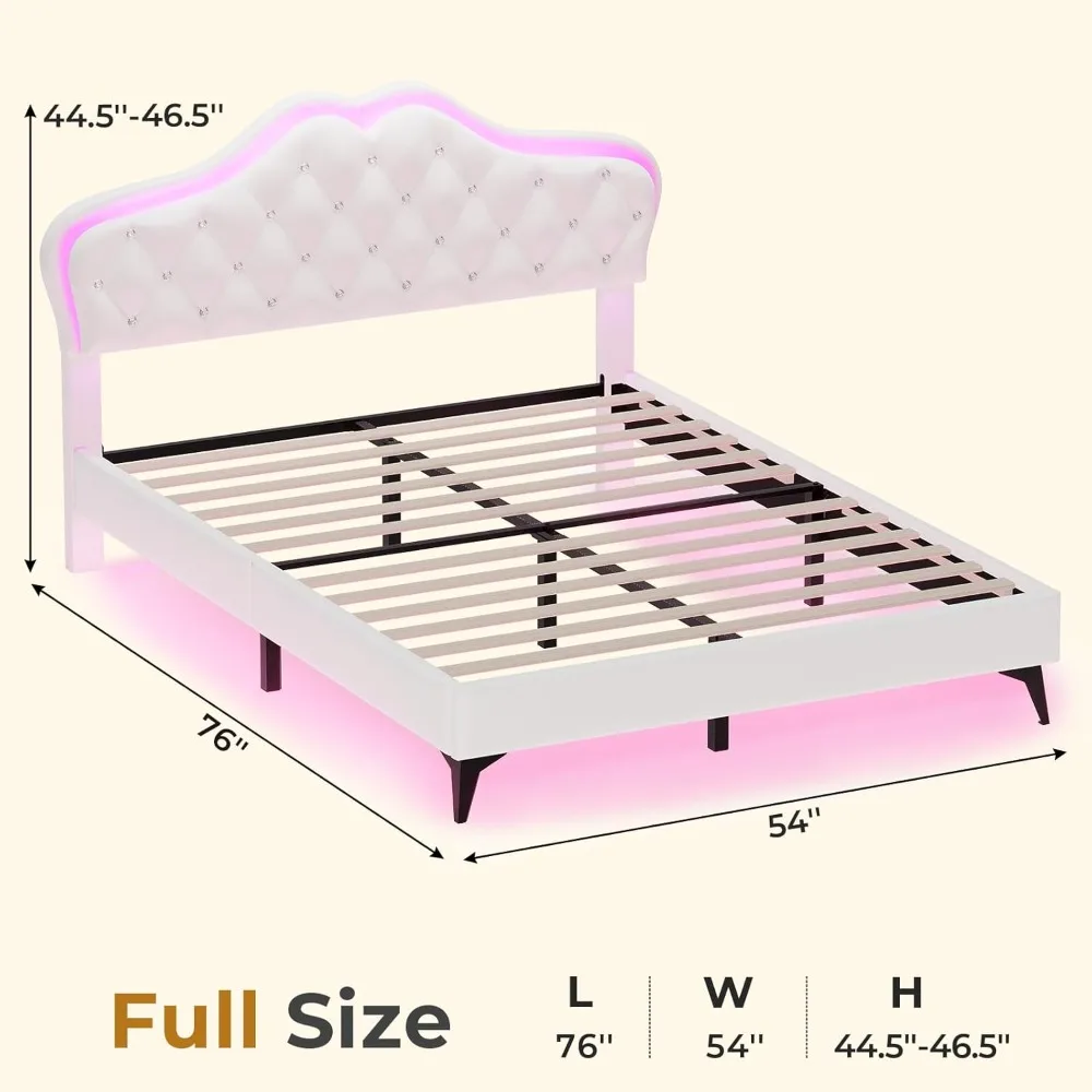 Full Bed Frame with RGB LED Lights, Princess Bed Frame with Adjustable Crystal Button Headboard, Velet Upholstered Platform Bed