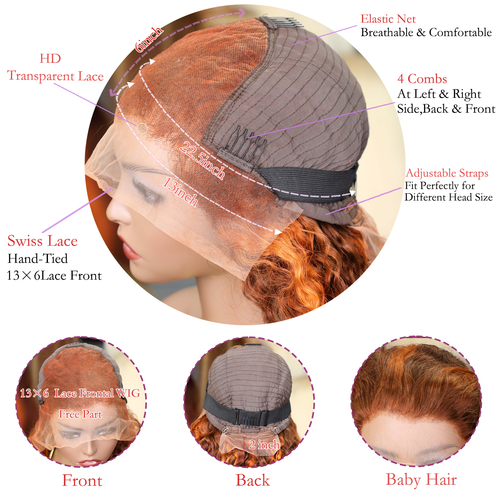 ハイライト付きの波状のかつら,ブラジルの人間の髪の毛,オレンジ,生姜,巻き毛,13x6,密度220%,女性用