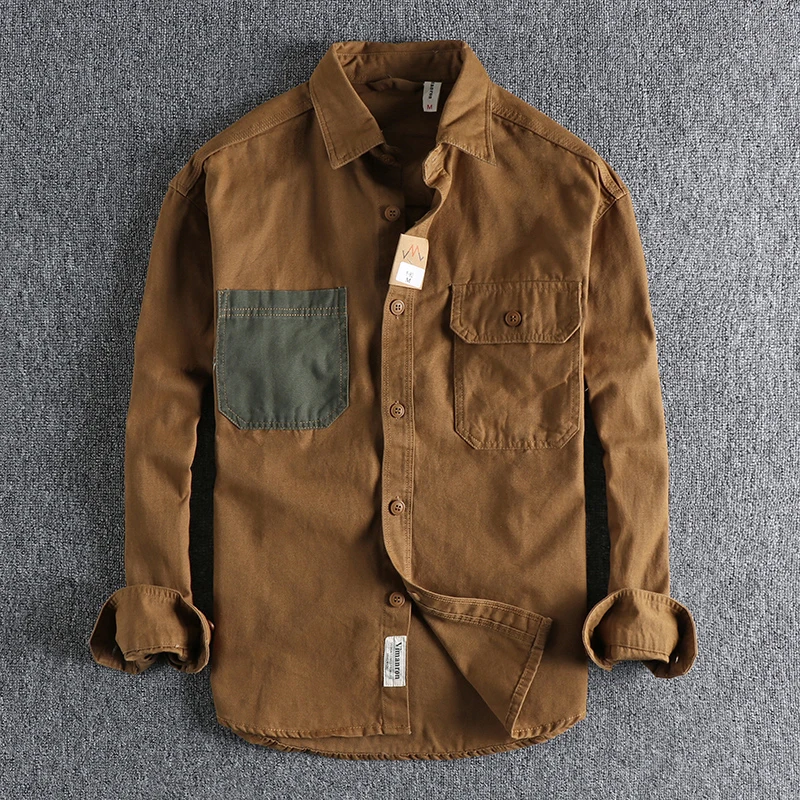 Tay Miếng Dán Rửa Sạch Hạt Dệt Áo Sơ Mi Tay Dài In Áo Hàng Ngày Của Dụng Cụ Đồ Nghề Retro Xu Hướng Thanh Niên Áo Khoác Mỏng