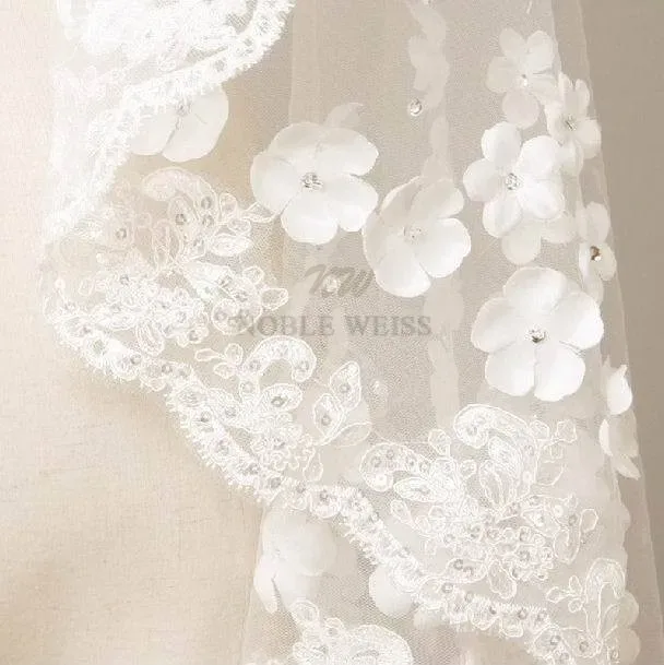 Véu de noiva 3d flores longo véu de casamento mantilla acessórios de casamento apliques com flores de renda personalizado