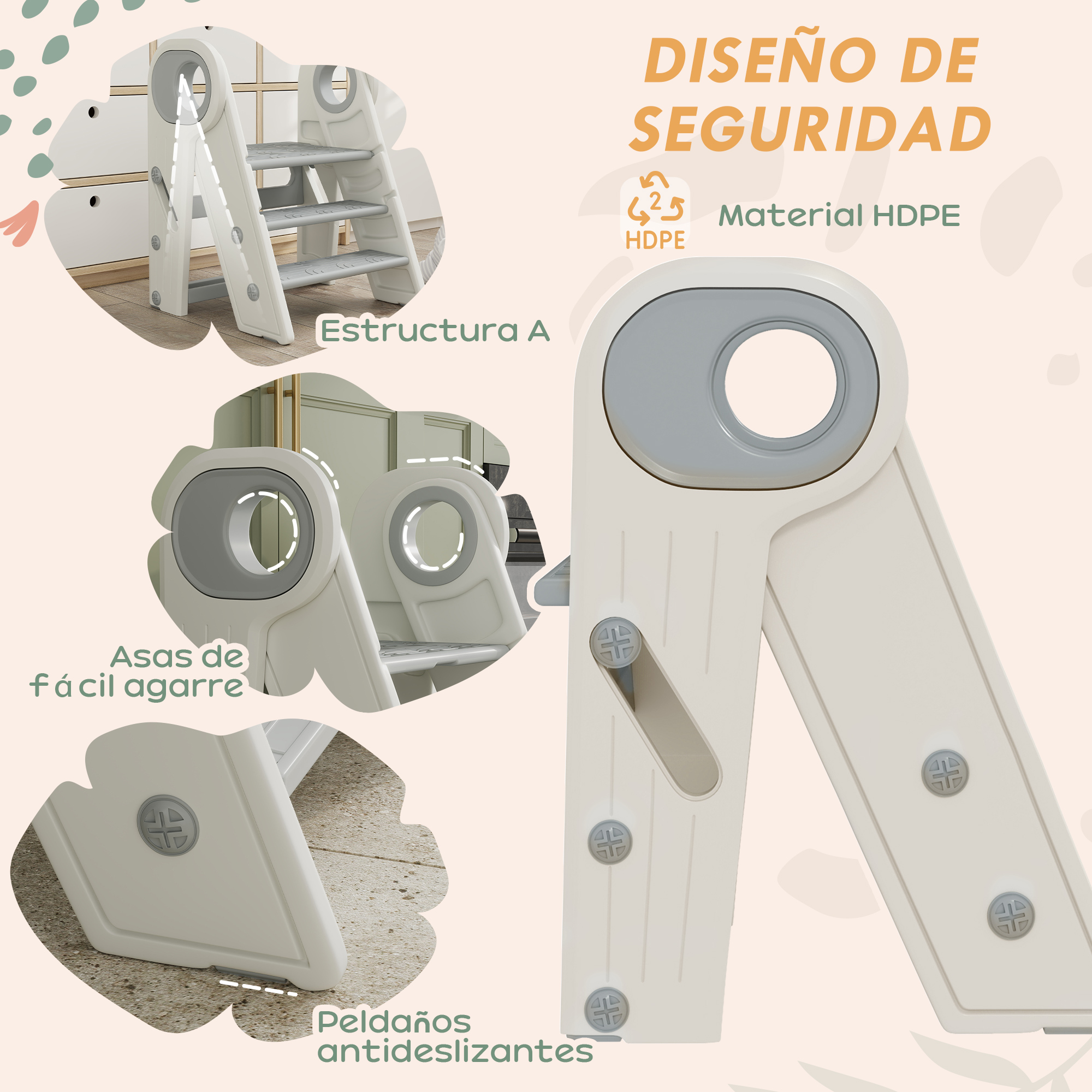 AIYAPLAY Taburete para Niños Plegable y Adjustable con Asa Gris y Blanco