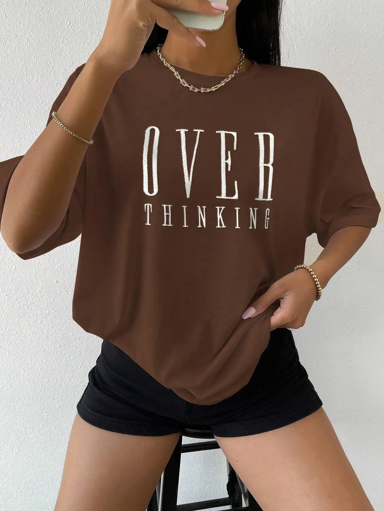 Over Thinking Letter พิมพ์ผู้หญิงผ้าฝ้ายแขนสั้น Breathable Vintage O-คอเสื้อคณิตศาสตร์ Casual เสื้อยืดหญิง Tee เสื้อผ้า