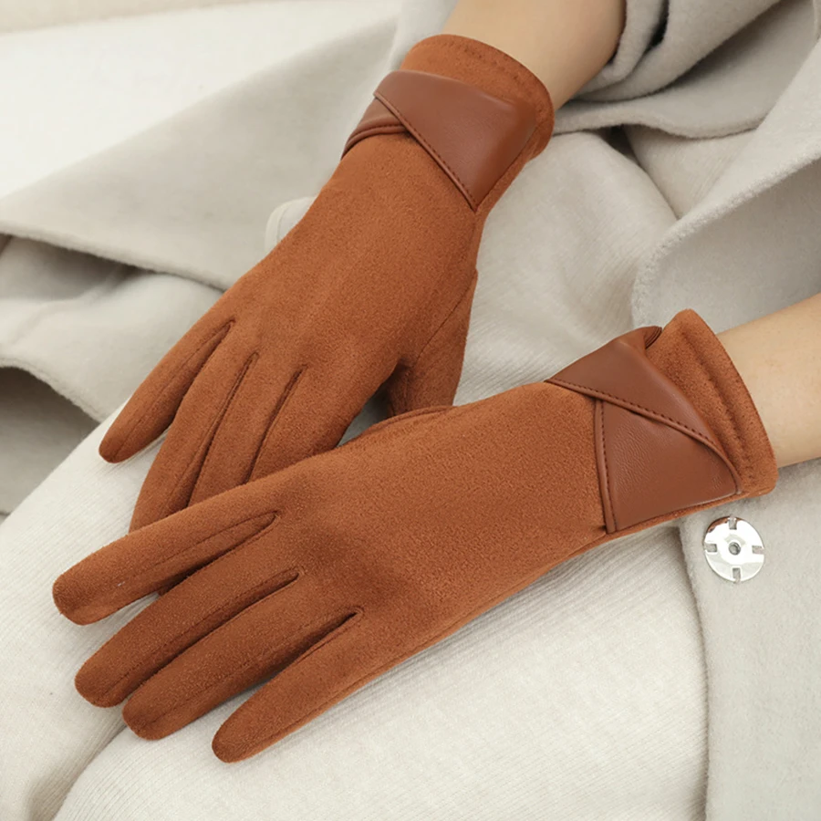 Korean version of warm gloves for women's winter fashion, simple temperament, and velvet anti cold touch screen riding windproof