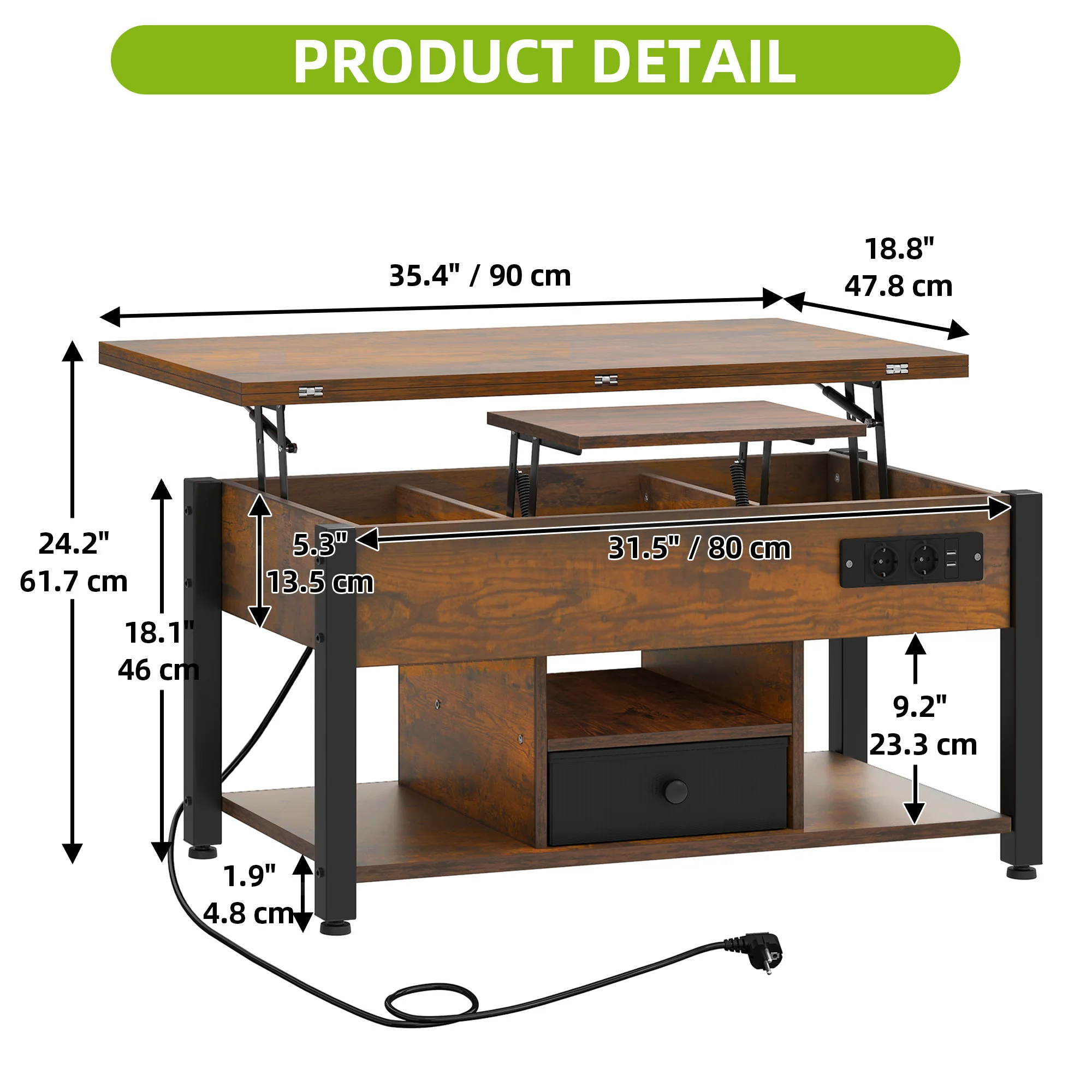 Mesa de centro 4 em 1 marrom vintage YITAHOME – altura ajustável, converte à mesa de jantar com armazenamento e iluminação LED