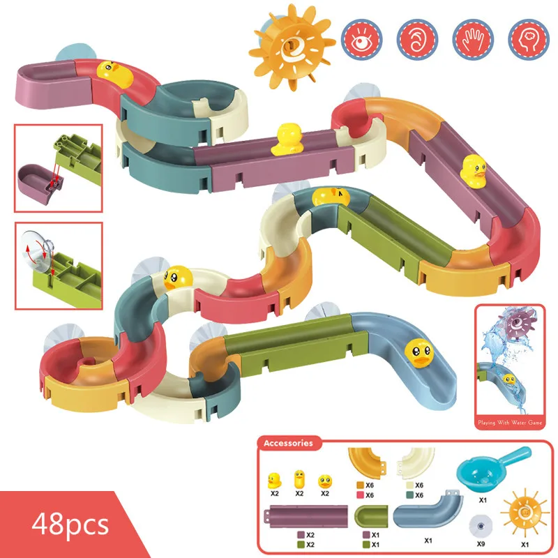 ของเล่นอาบน้ําเด็ก DIY Marble Race Run ประกอบติดตามห้องน้ําอ่างอาบน้ําเด็กเล่นสเปรย์น้ําชุดของเล่นซ้อนถ้วยสําหรับเด็ก