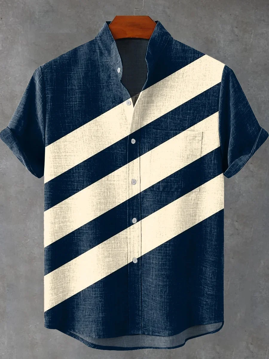 2025 Nuova camicia da uomo a maniche corte in lino a righe, tessuto estivo rinfrescante e confortevole, top con bottoni di alta qualità