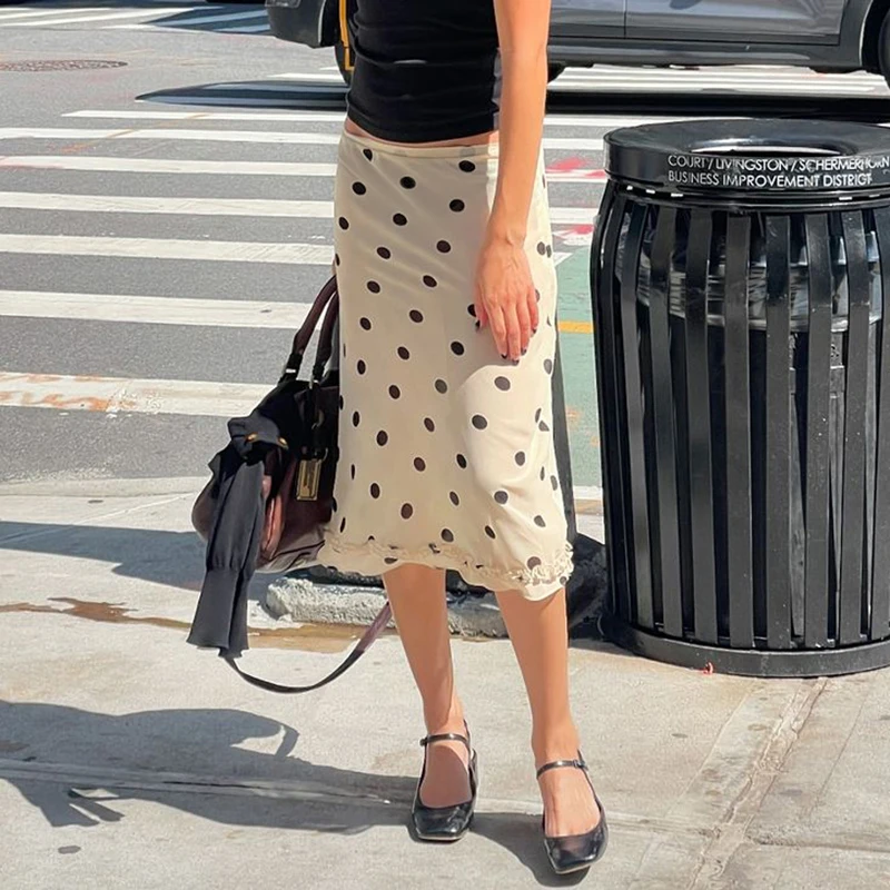 SUCHCUTE, falda de longitud media con estampado de puntos a la moda, faldas rectas con dobladillo fruncido elegante para mujer, trajes informales de oficina para verano para mujer