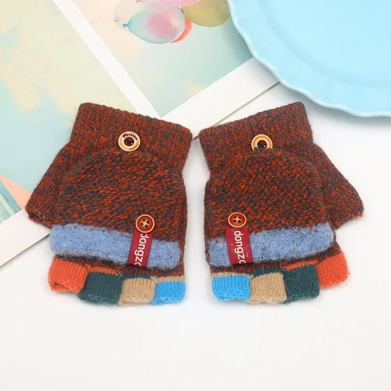 Guantes con tapa de medio dedo para niños, guantes cálidos de Color Jacquard a juego para otoño e invierno, guantes para escribir para estudiantes y bebés
