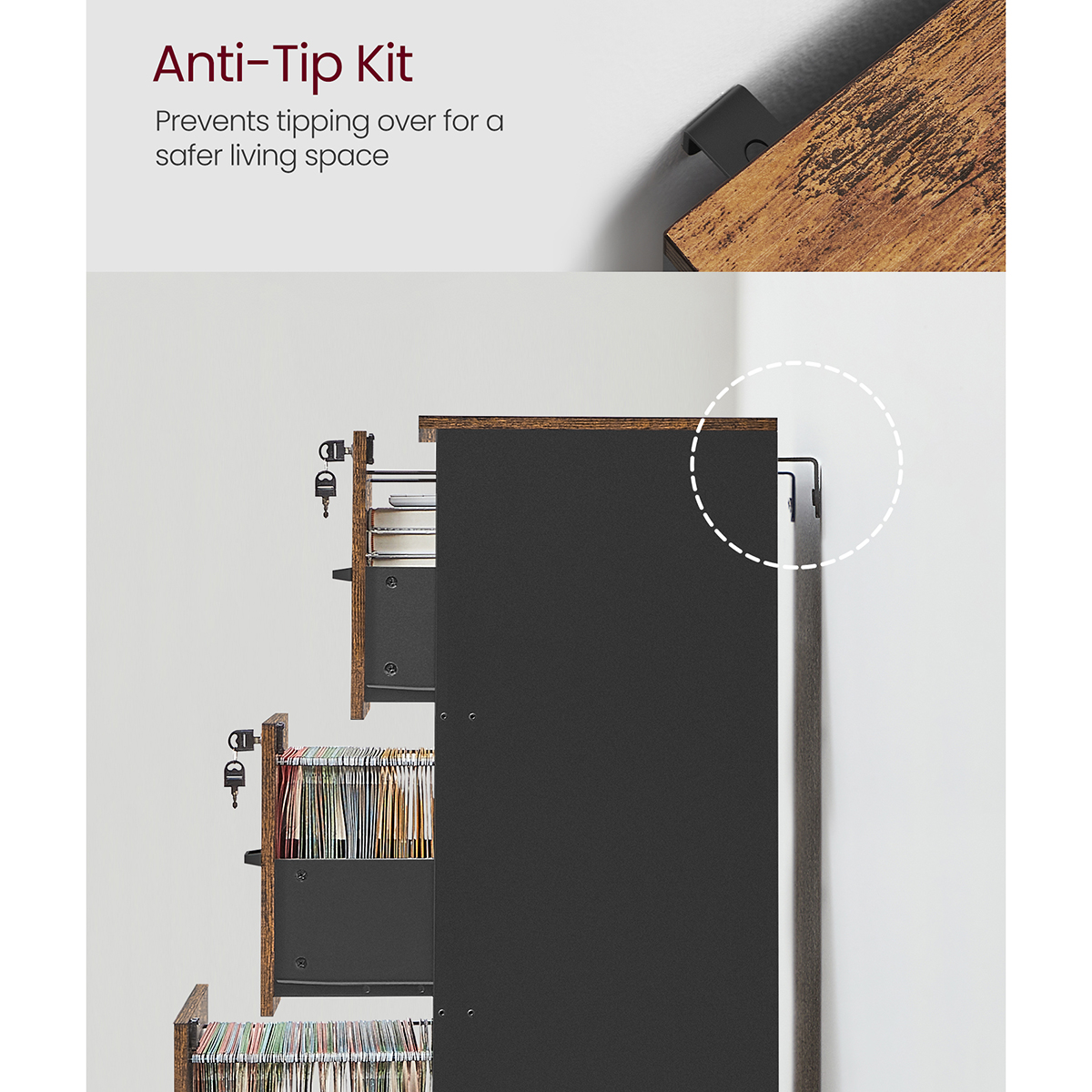 VASAGLE 3-Drawer Vertical File Cabinet, Filing Cabinet for Home Office, with 3 Lockable Drawers, Adjustable Hanging Rail