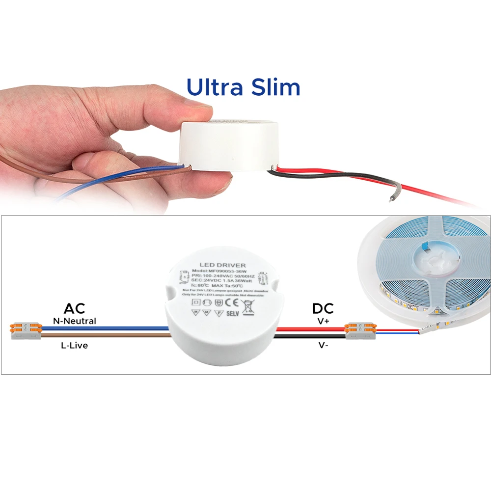 24W 30W 36W Round LED Driver Ultra Slim LED Power Supply Round LED Transformer AC 110V 220V 230V to DC 12V 24V For LED Lamp