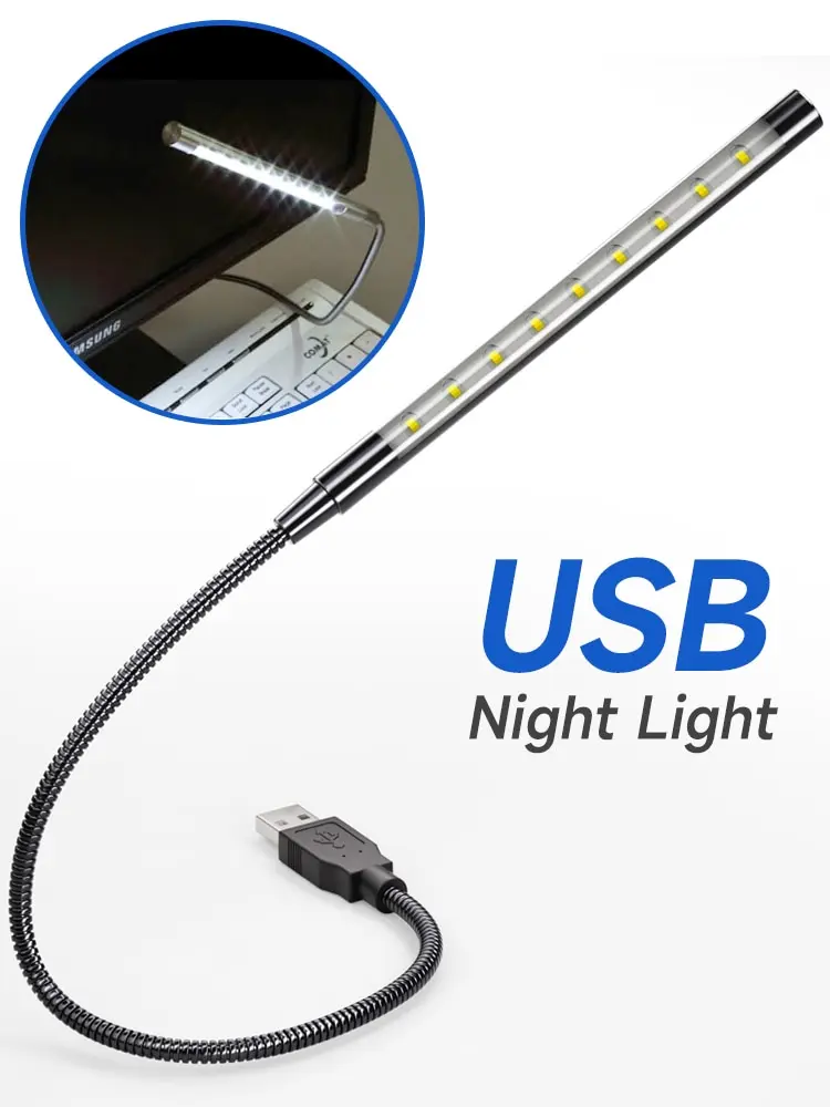 Luz LED de libro USB, Material metálico alimentado por USB, lámpara de noche Flexible de 10 LED para ordenador portátil, PC, Notebook, luces de lectura de libros