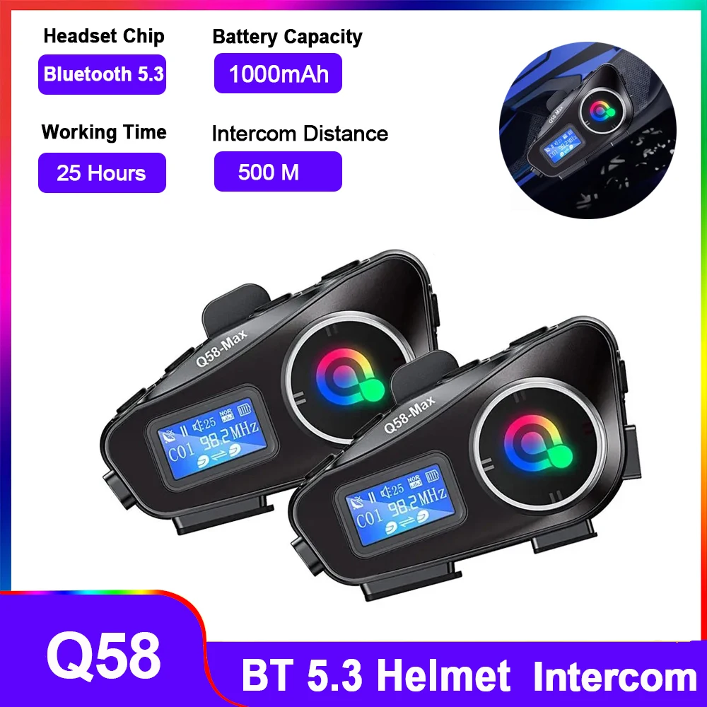 1/2 pçs Q58-Max capacete da motocicleta interfone fone de ouvido bluetooth display lcd interfone multi-cena música mista compartilhar com lanterna