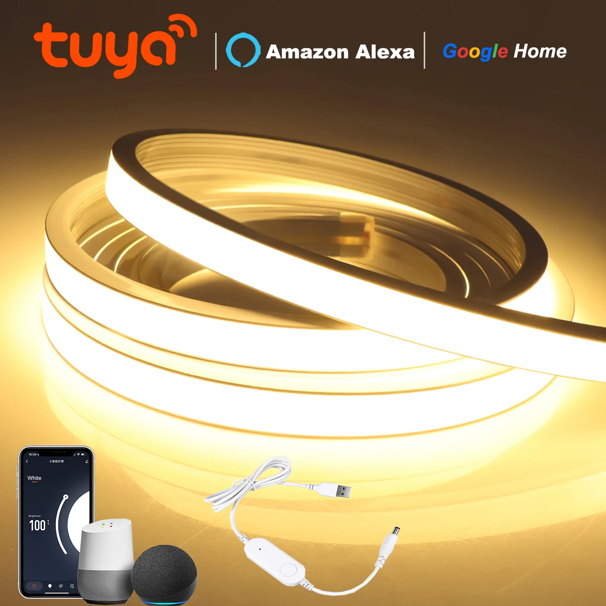 TUYA Smart COB LED Neon Strip Light 320LED/M Tubo in silicone puro al 100% ad alto lume USB 5V con Alexa Google Home APP Controllo vocale