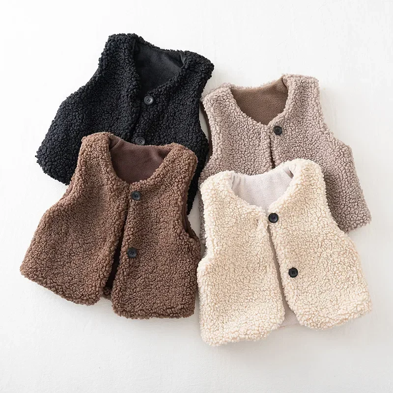 ฤดูใบไม้ร่วงฤดูหนาวเด็กขนแกะ Plus กํามะหยี่เสื้อกั๊กเด็กหญิง Plush เสื้อกั๊กเดี่ยว V คอเด็กแฟชั่นอบอุ่น Warm Coat