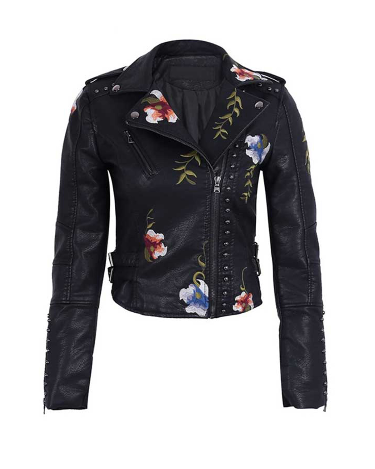 Damen-Moto-PU-Jacke mit Blumenstickerei, Kunstleder, Biker-Bombermantel