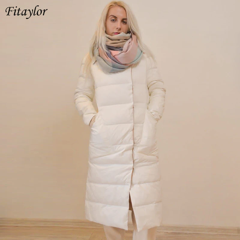 Fitaylor-Chaqueta larga de plumas ligeras de doble cara para mujer, abrigo de plumón de pato recto y delgado, empalme Parker, ropa de exterior cálida