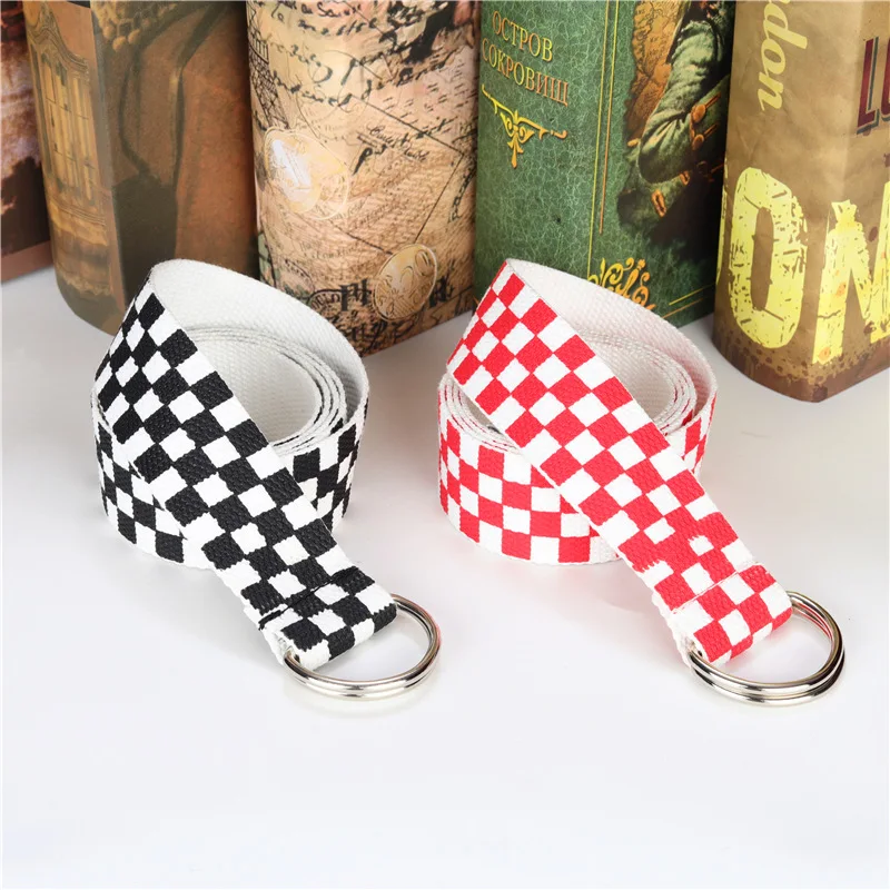 Cinturón a cuadros blanco y negro para hombre y mujer, cinturones de lona a cuadros, fajas de 3,8 cm, cinturones informales a cuadros con hebilla D