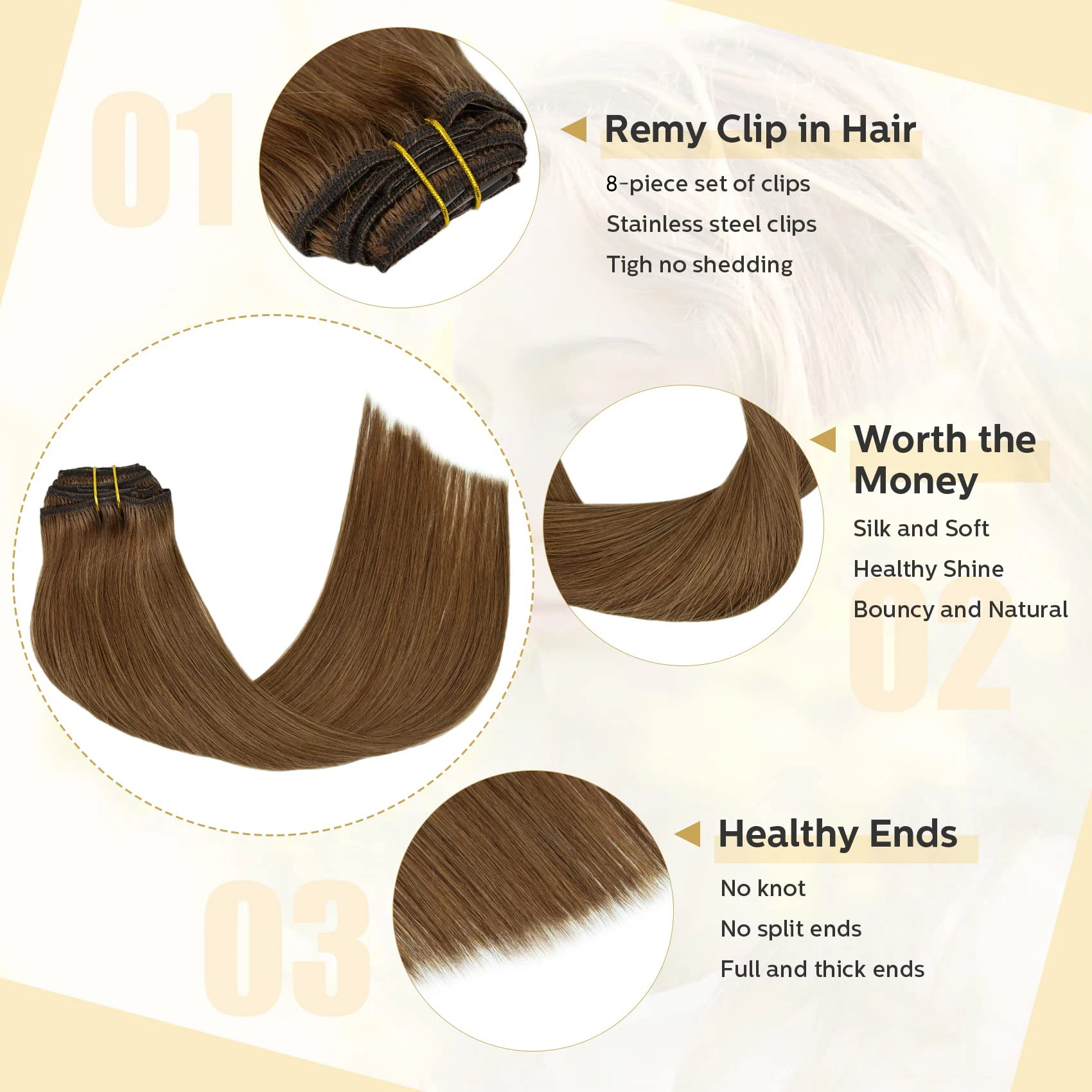 Extensions de cheveux à clipser # 6 brun châtain Double trame épaisse 120G 8 pièces pince brésilienne droite soyeuse dans les Extensions de cheveux humains