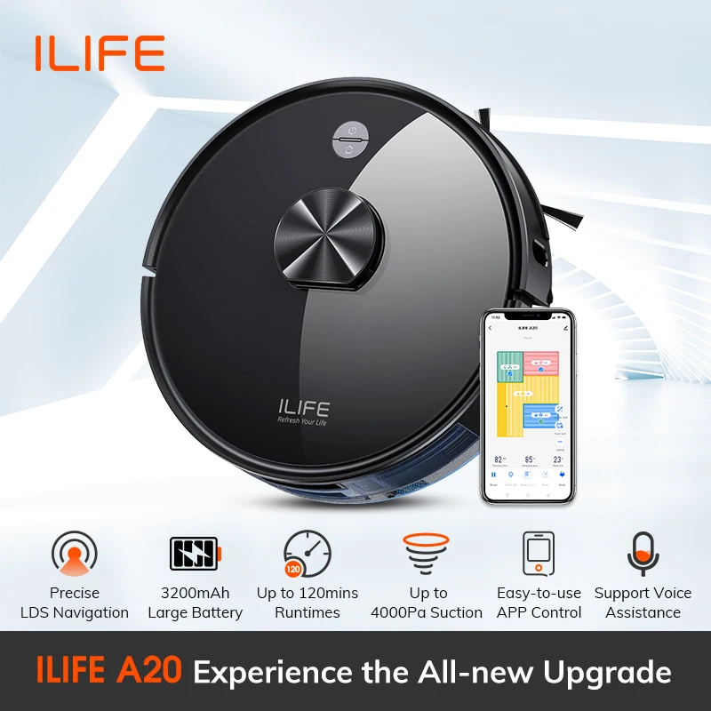 Комбинированный робот-пылесос и швабра ILIFE A20, лазерная навигация, всасывание 3000 Па, интеллектуальное картографирование, управление через приложение/Alexa, идеально подходит для шерсти домашних животных