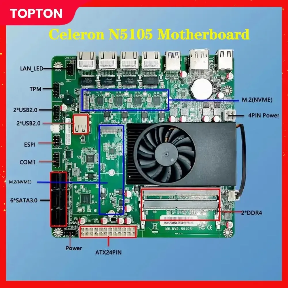 Материнская плата Topton NAS N5105,4x Intel i226 2,5 Гбит/с LAN,2 * M.2 NVMe 6 * SATA3.0,2 * DDR4, HDMI2.0 DP, Mini ITX Soft Router VPN Openwrt