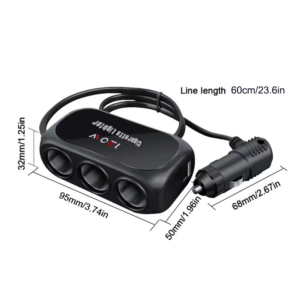 Divisor de isqueiro de carro com 3 soquetes, usb duplo, led, carregador rápido de carro, 12v 24v, adaptador de carregador de carro para lphone, gps, dashcam