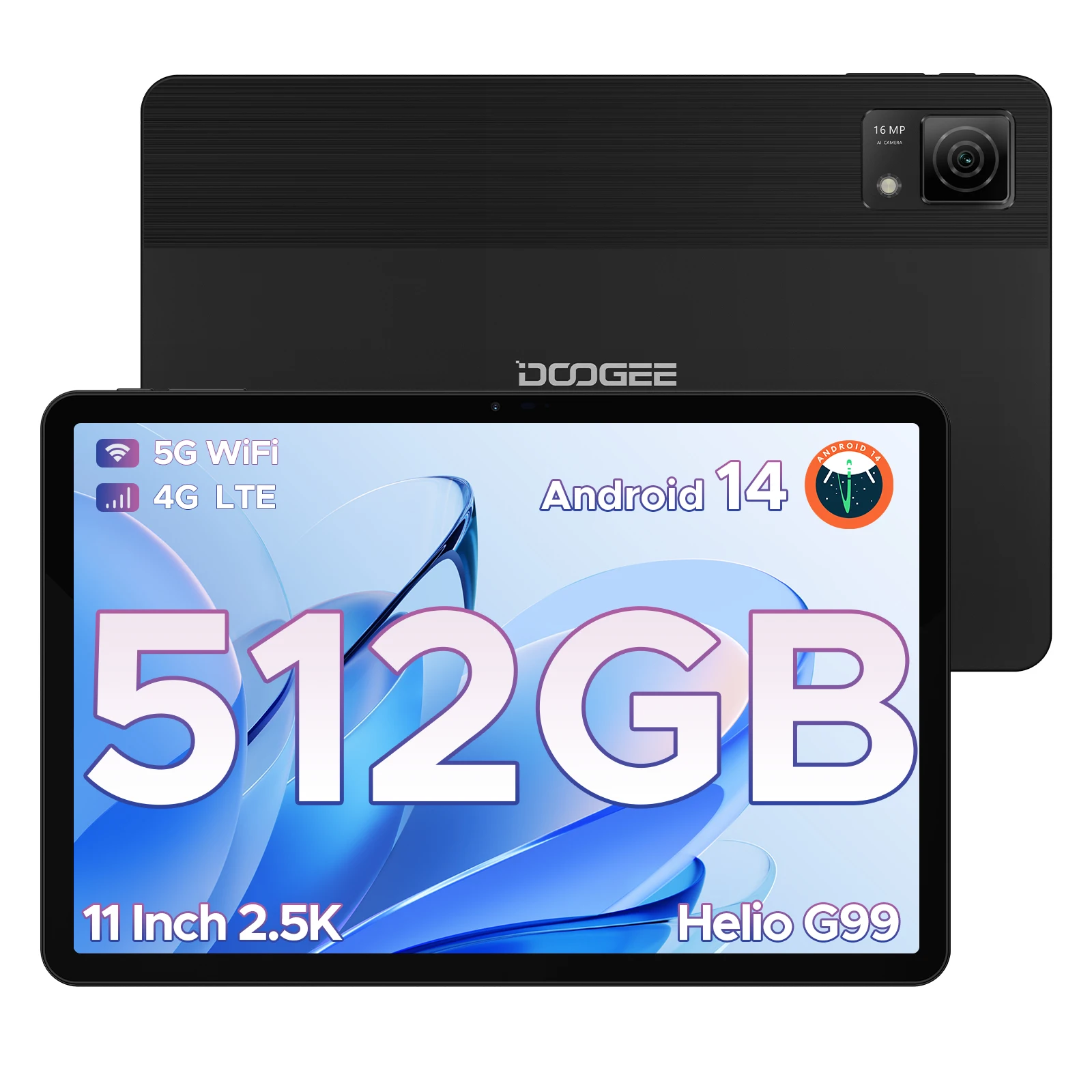 DOOGEE T40 Android Tablet 14 11'' IPS 2,5K 8GB RAM 512GB ROM Helio G99 8580mAh 18W Ladegesicht Entsperren 7,6mm ultradünnes Tablet