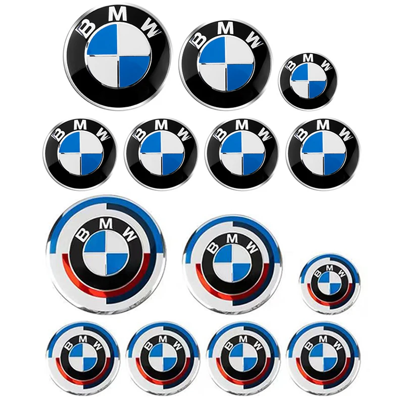 Juego de emblemas de BMW, 7 Uds., 82mm, 74mm, 45mm, 56mm, 68mm, logotipo del capó delantero del coche, insignia del maletero trasero, tapas centrales de la rueda, pegatina para volante