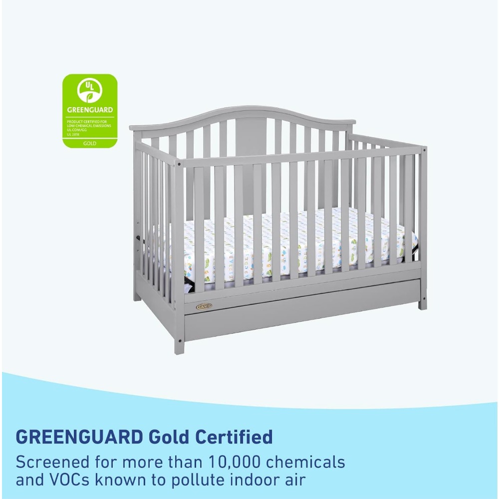 Solano 4-in-1 Convertible Crib with Drawer (Pebble Gray) – GREENGUARD Gold Certified, Crib with Drawer Combo,
