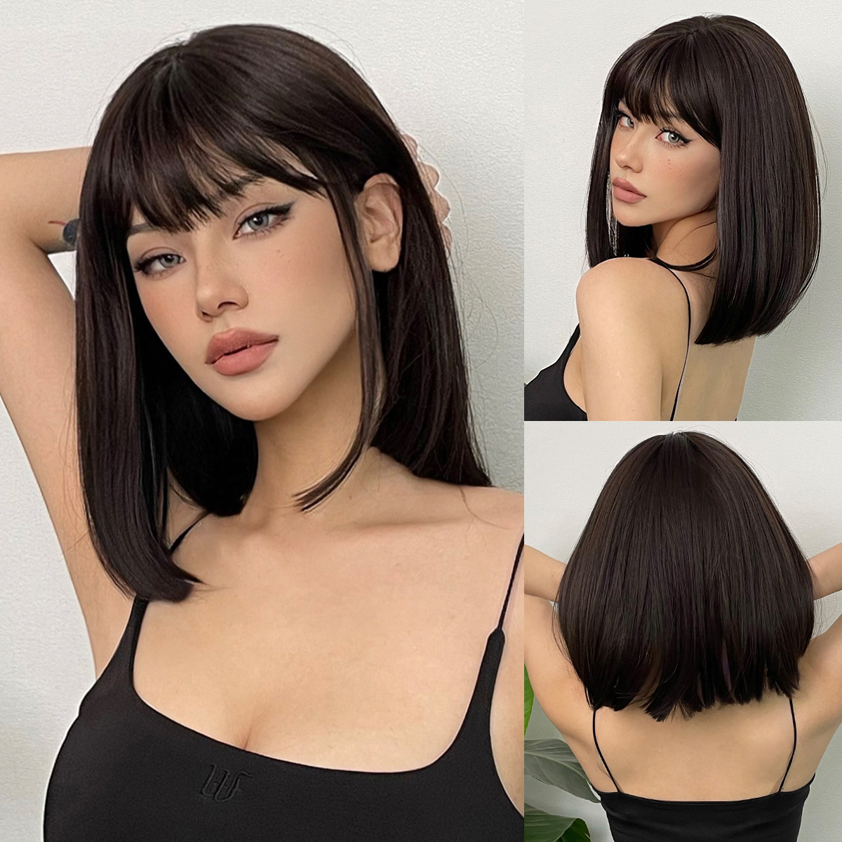 Kurze schwarzbraune synthetische Naturhaar-Perücken für Frauen, Bob, gerade Perücke mit Pony, hohe Temperatur, tägliche Cosplay-Party-Perücken