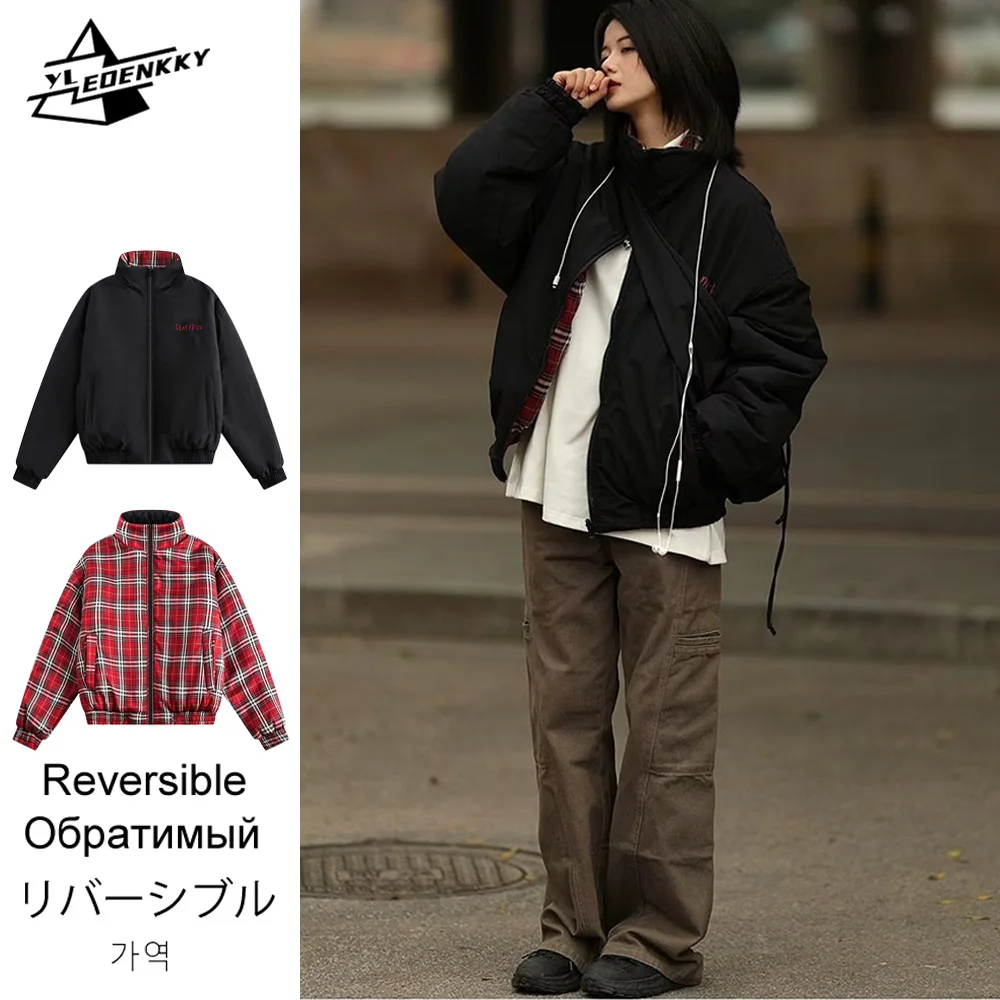 REVERSIBLE น้ําหนักเบา Parkas ผู้ชายผู้หญิง VINTAGE STAND COLLAR Baggy Cotton Coat ลายลายสก๊อตหนาขนมปังแจ็คเก็ต Unisex Tops