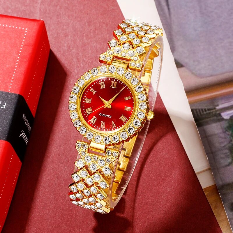 Reloj de lujo dorado para mujer, anillo, collar, pendiente, diamantes de imitación, reloj de pulsera informal para mujer, conjunto de joyería