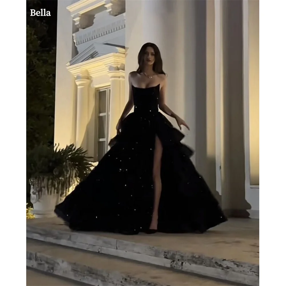 Bella Черное тюлевое платье для выпускного вечера с разрезом по бокам, трапециевидное свадебное платье без бретелек, элегантное свадебное платье без рукавов по индивидуальному заказу, Vestidos De Fiesta 2024