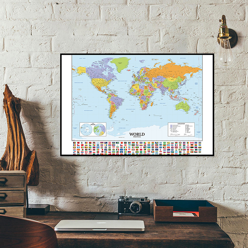 Mapa do mundo com bandeiras de vários países, lona fina, mapa de parede impermeável, decoração de parede para escola, escritório, sala de aula