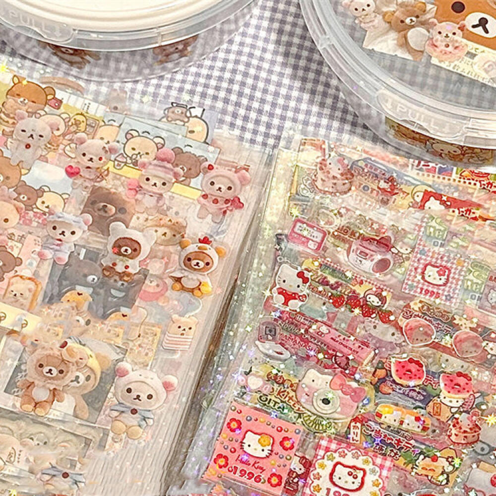 5 Stück Hello Kitty Rilakkuma Cartoon Stanzaufkleber Niedliche Kitty Katze Blinkende Laseraufkleber Anime Handbücher Materialaufkleber