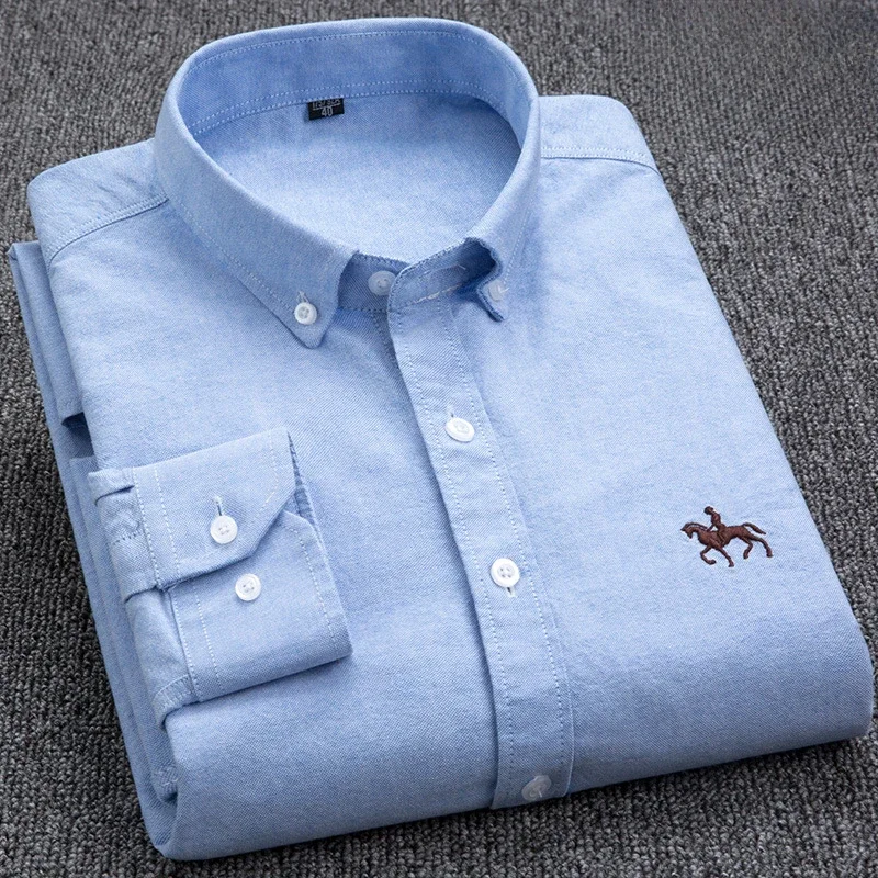 Camicia da uomo casual in cotone slim fit con logo cavallo camicia inferiore in pollici Camicia a righe a maniche lunghe con spinning Oxford