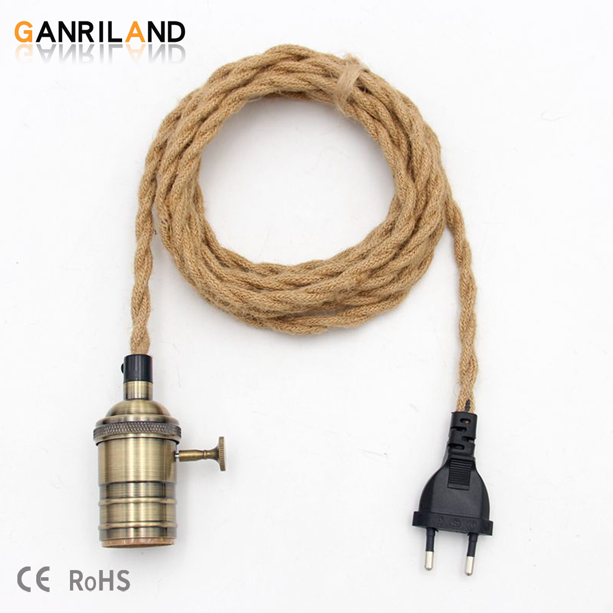 GANRILAND EU Stecker Netzkabel Twisted Hanf Seil Dekorative E27 Buchse Kupfer Lampe Basis Kabel 2M 220V Elektrische draht Für Beleuchtung